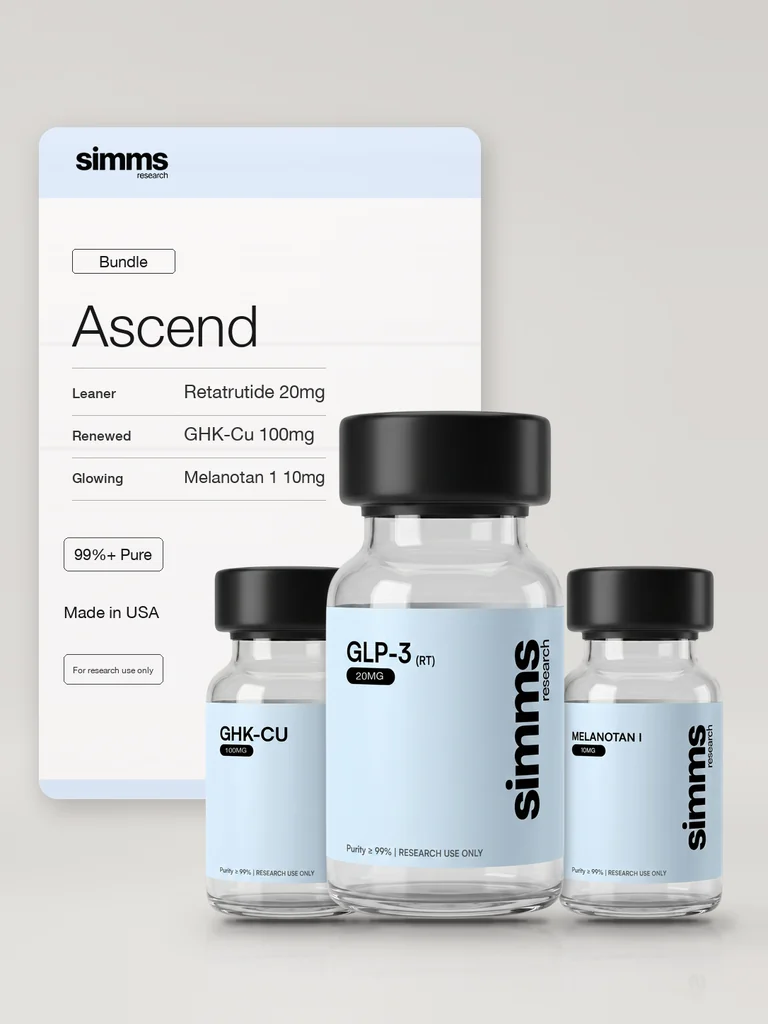 Simms Research Ascend Bundle: GLP-3 (RT) retatrutide 20mg, GHK-Cu 100mg and Melanotan I 10mg vials