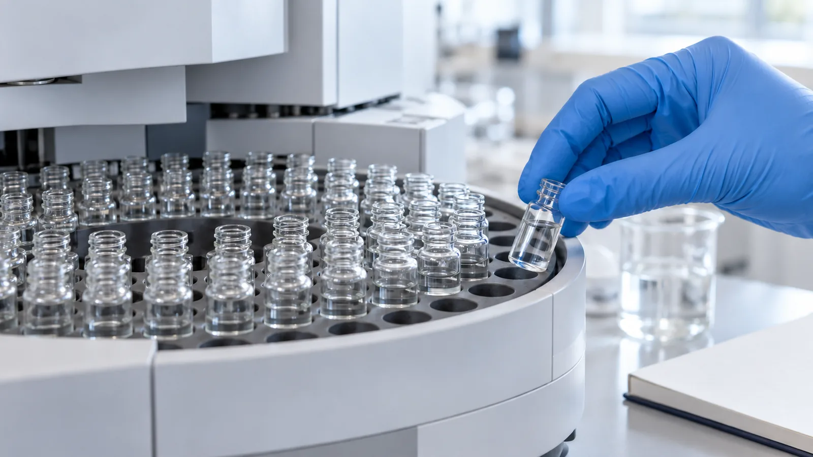 Gloved hand placing an unlabeled sample vial into an HPLC autosampler tray for batch testing
