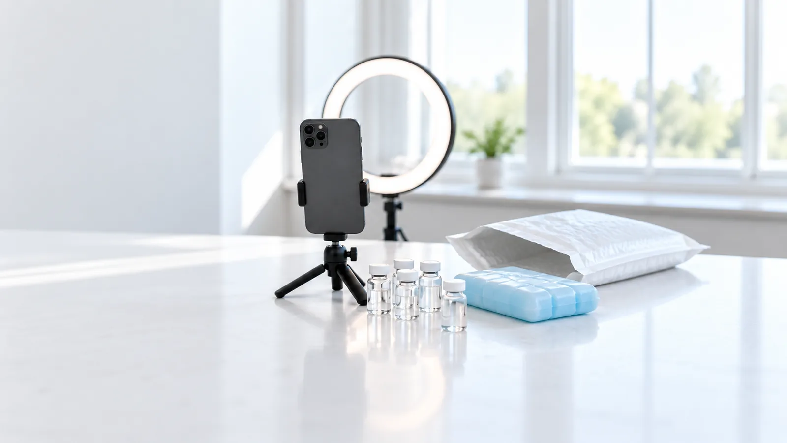 Phone on a tripod beside unlabeled vials, a cold pack and a shipping mailer on a bright table