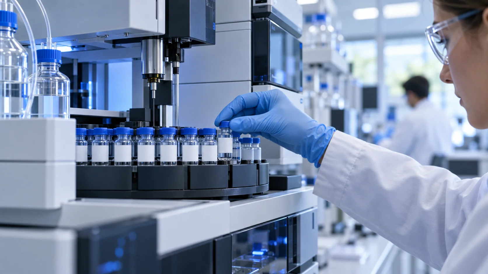 Laboratory technician loading sample vials into analytical testing equipment