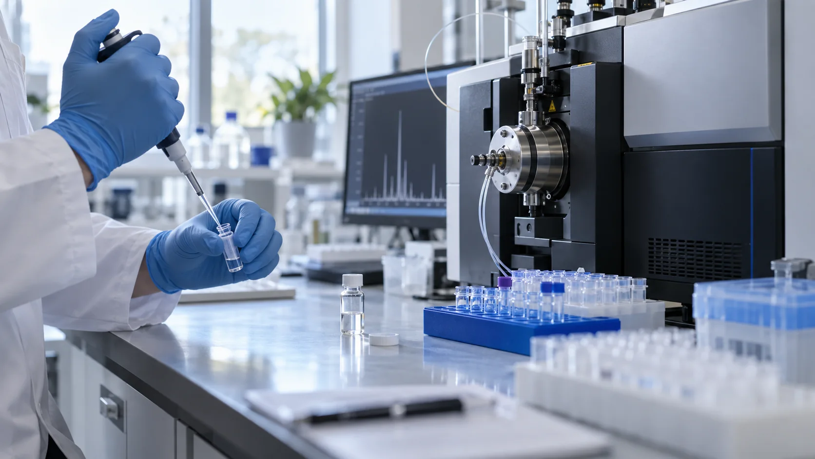 Researcher preparing a vial for independent analytical testing in a laboratory
