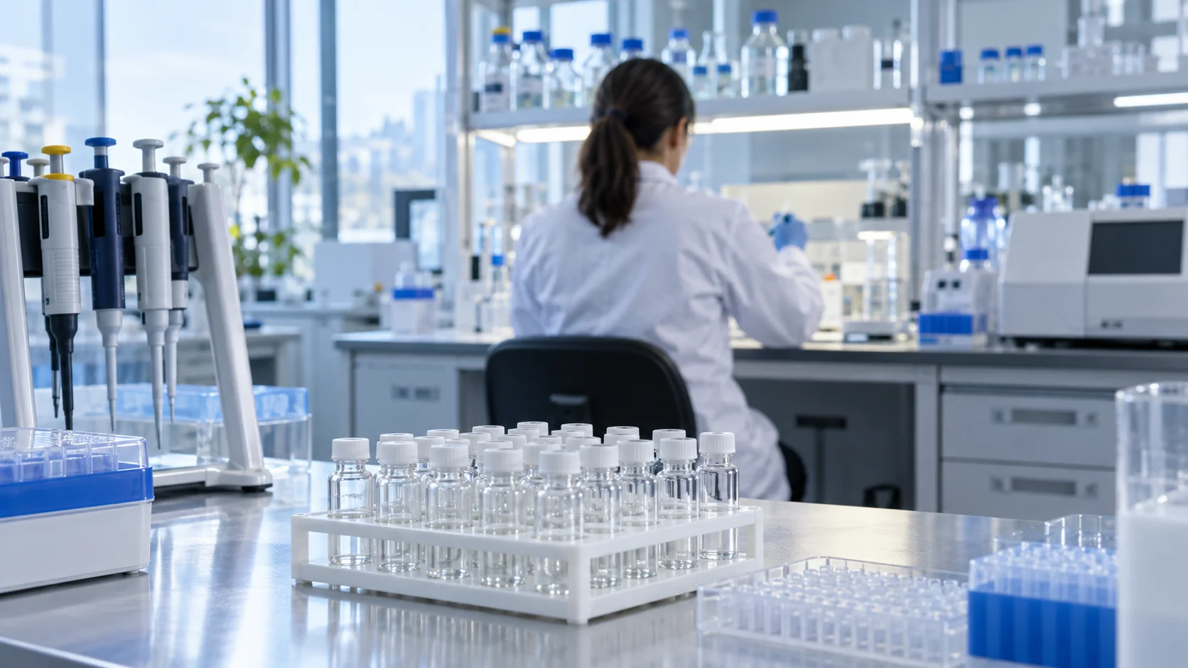 Research sample vials arranged on a laboratory bench for handling and testing