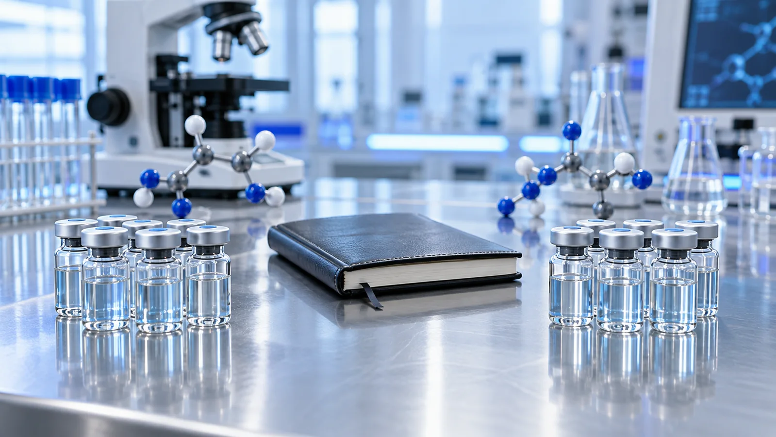 Two groups of anonymous research vials with molecular models