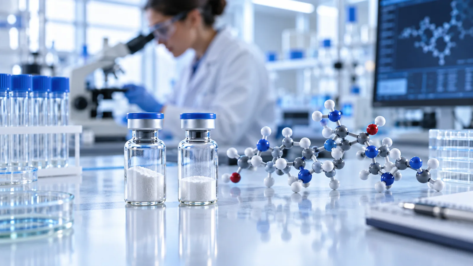 Anonymous research vials and molecular models in an analytical laboratory