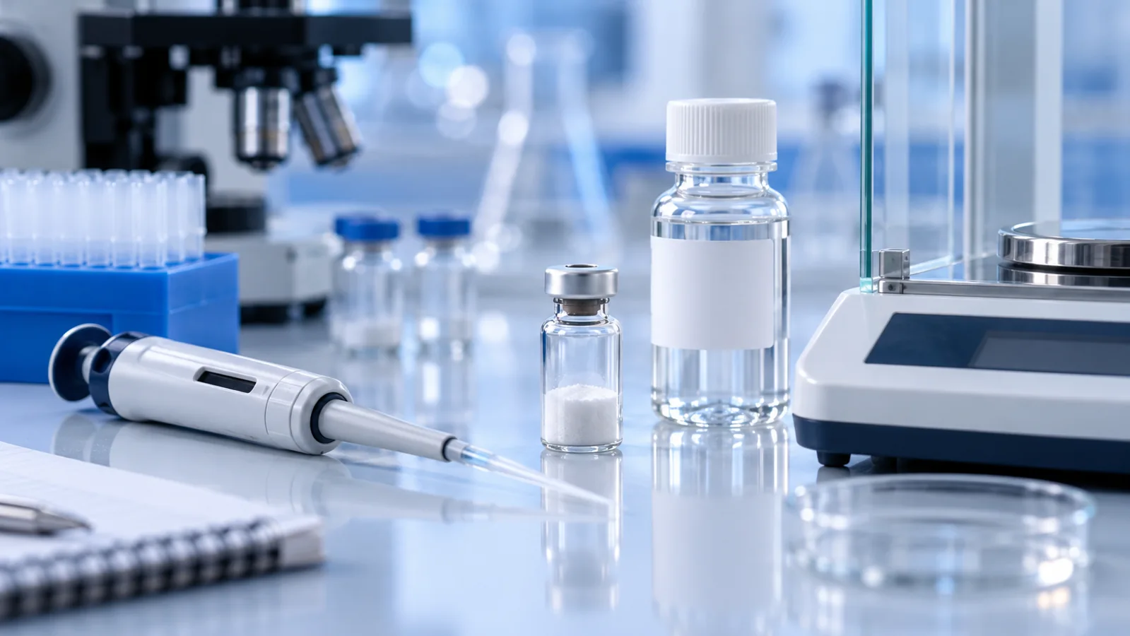 Anonymous research vial, pipette and laboratory measuring equipment
