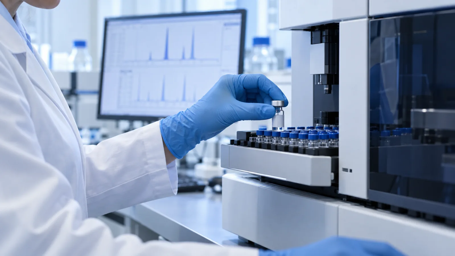 Scientist placing a research vial into an analytical testing instrument
