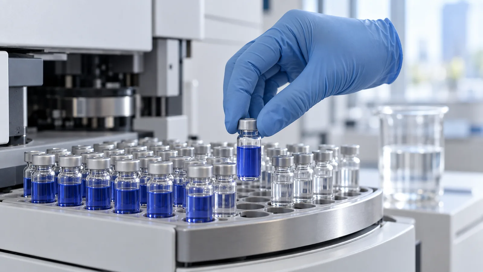 Plain sample vials of royal blue GHK-Cu solution in an analytical instrument tray