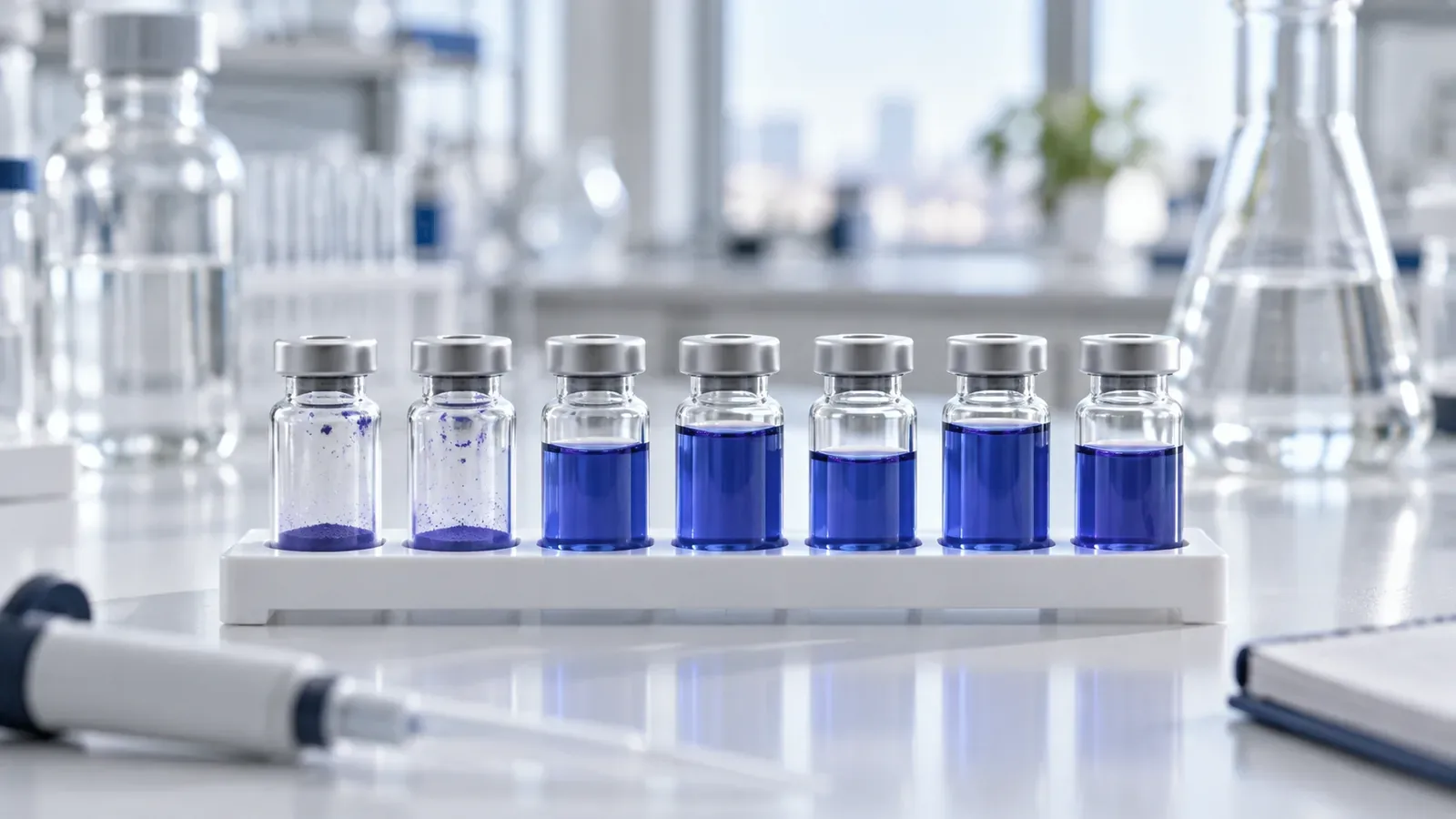 Rack of plain vials holding royal blue GHK-Cu solution and blue-violet powder in a bright laboratory