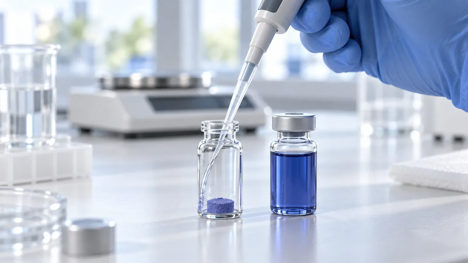 Gloved hand running water down the inside of a vial of blue-violet GHK-Cu powder