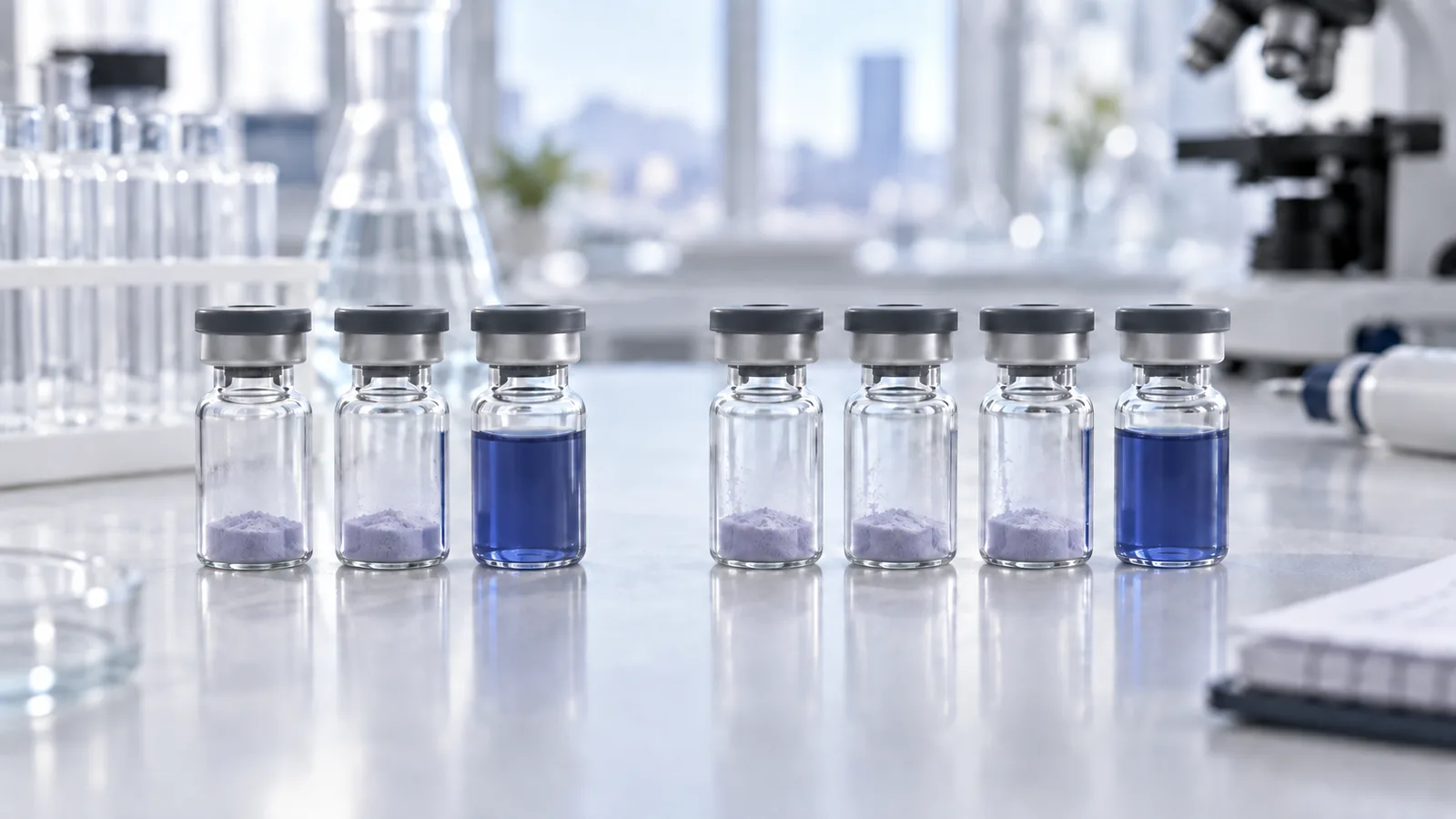 Two groups of plain vials holding lavender Glow and Klow powder and royal blue mixed solution on a bright lab bench