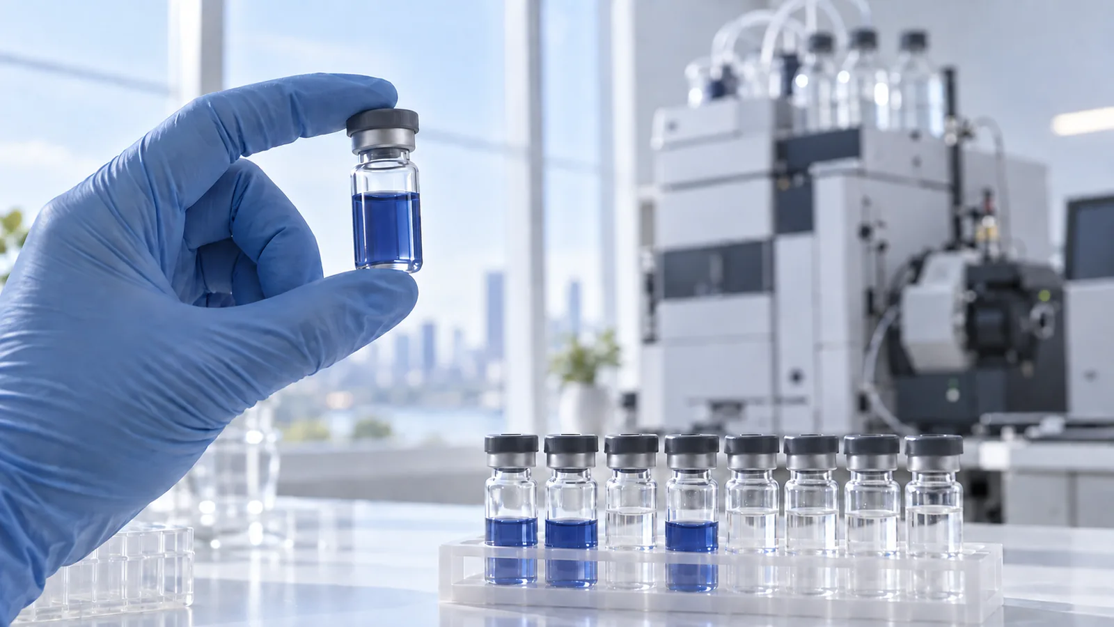 Gloved hand holding a vial of royal blue blend solution up to window light above a rack of sample vials
