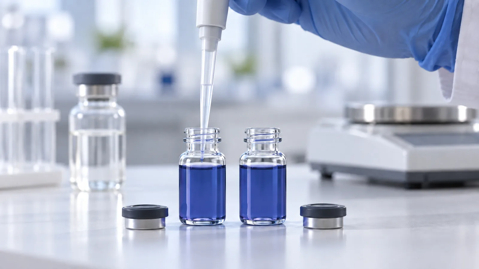 Gloved hand with a micropipette in one of two matching vials of royal blue peptide blend solution