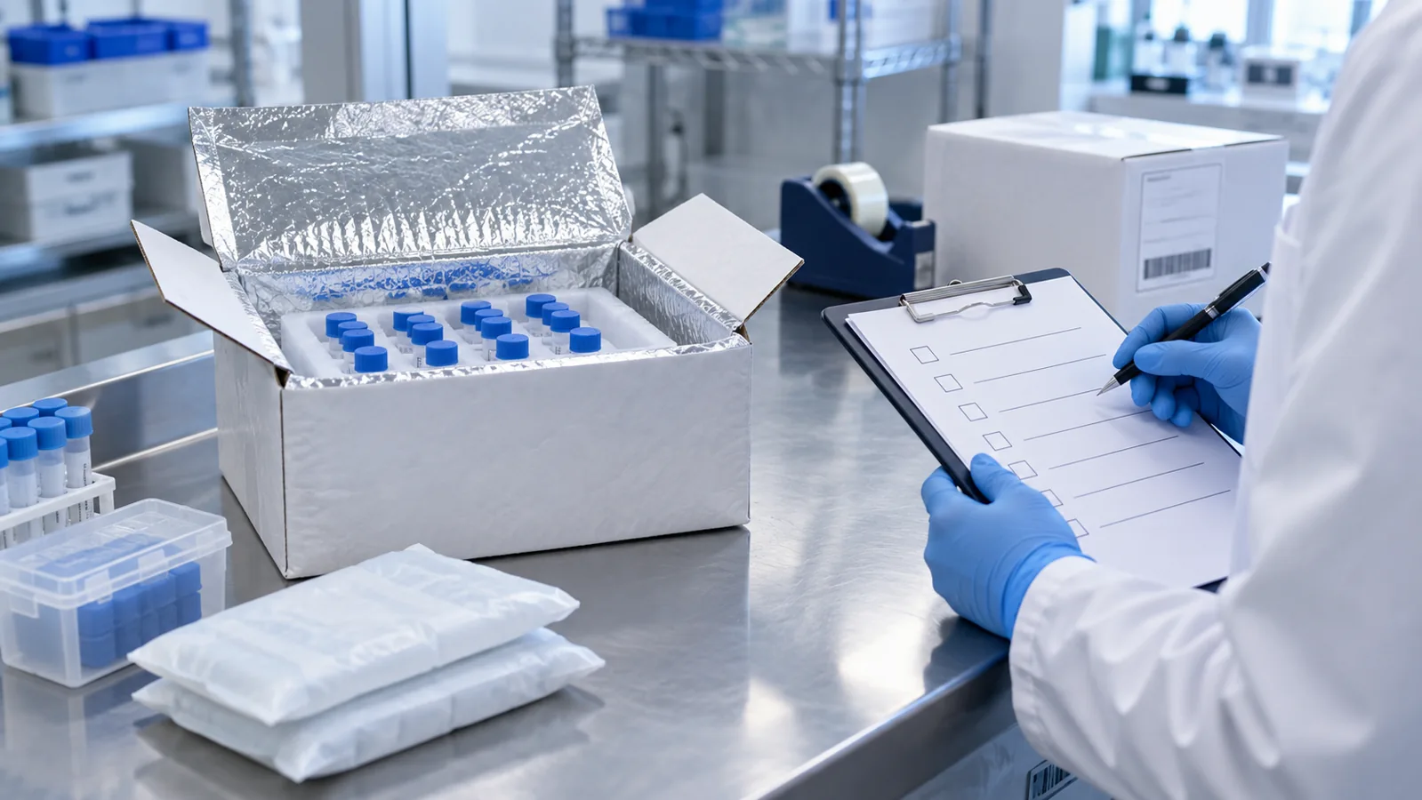 Insulated parcel of anonymous research sample vials prepared for shipment