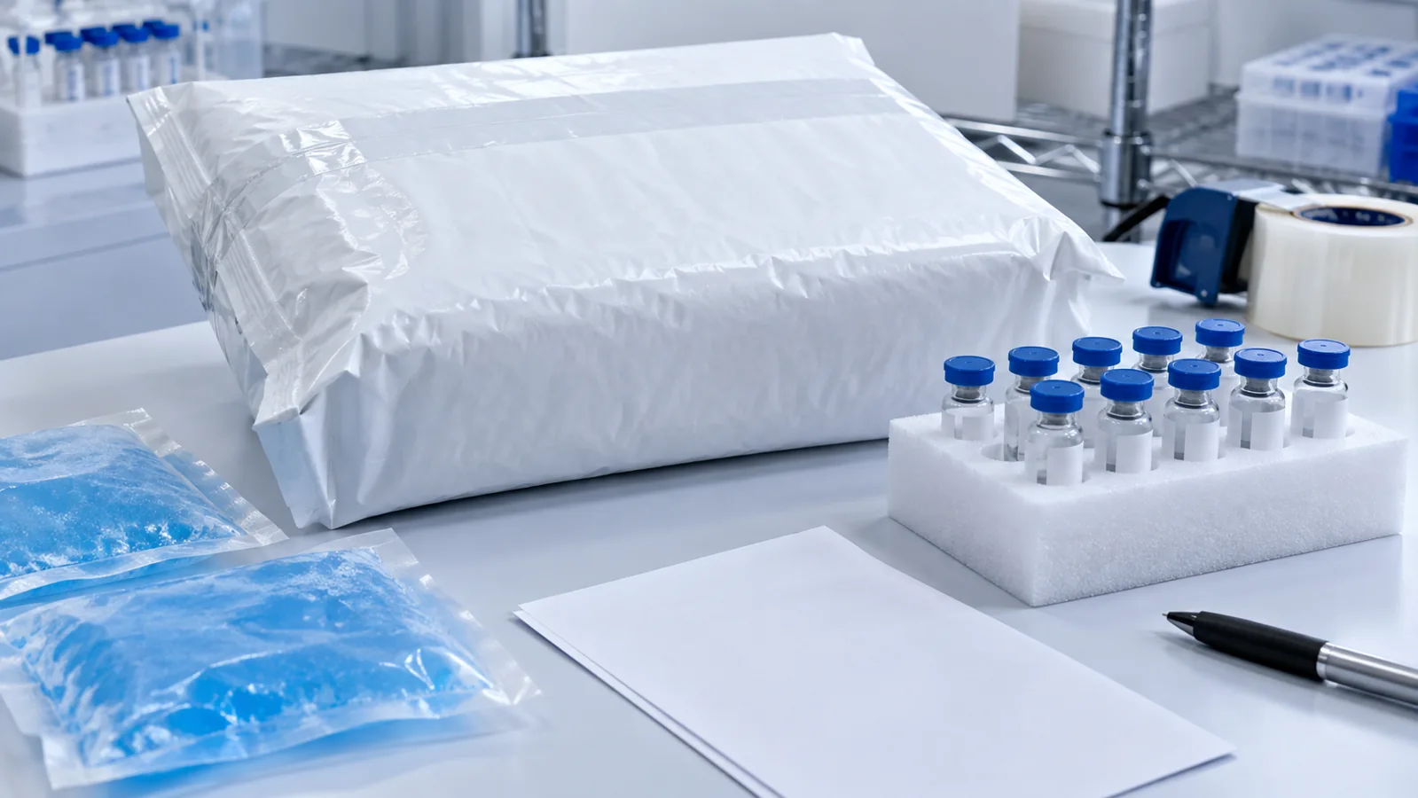 Insulated research sample parcel with cold packs and anonymous vials