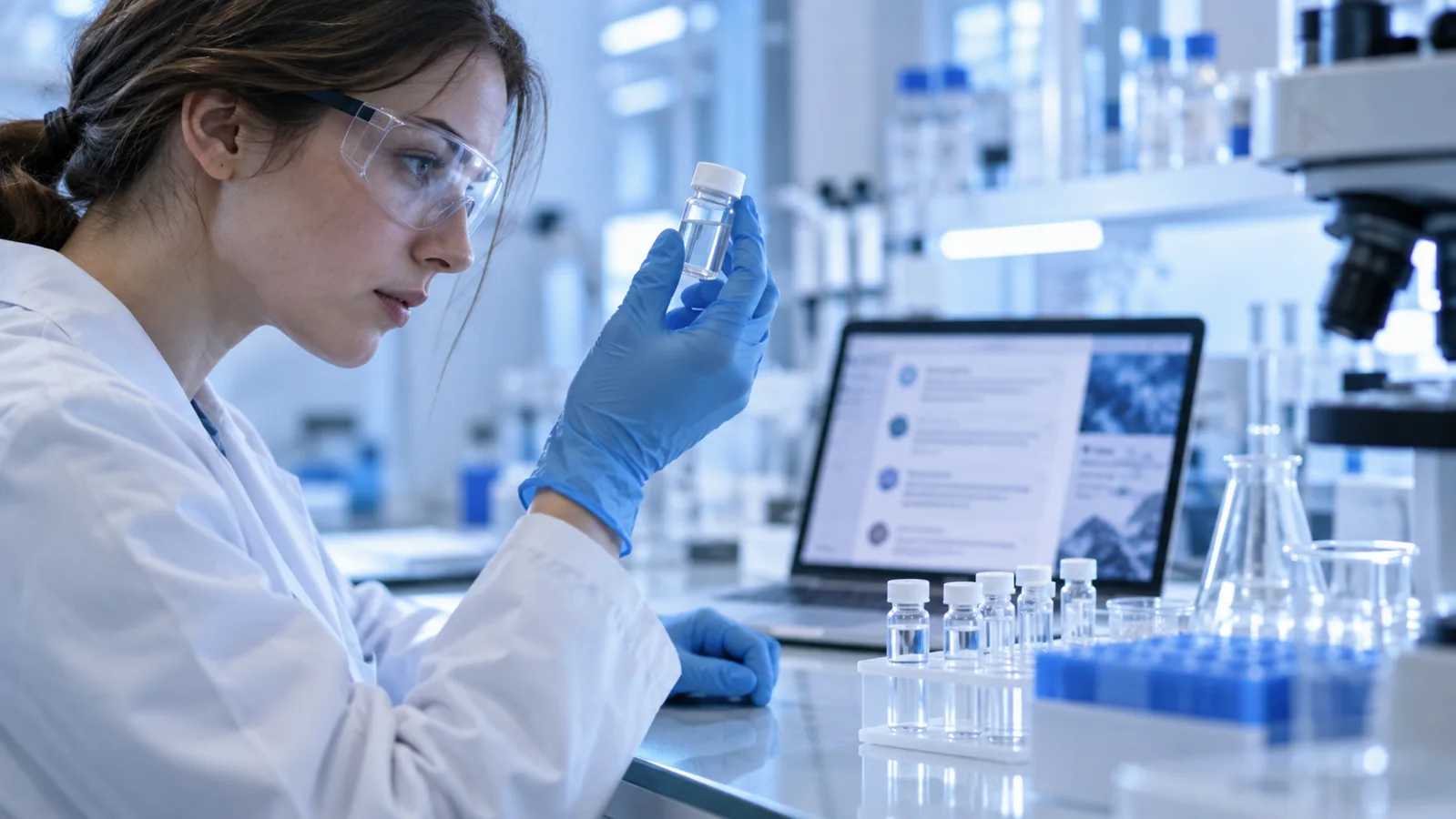 Researcher examining a vial beside laboratory testing equipment