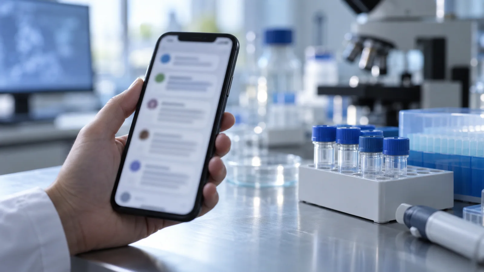 Phone showing blurred social media comments beside laboratory sample vials