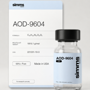 Simms Research AOD-9604 10mg research peptide vial with compound card