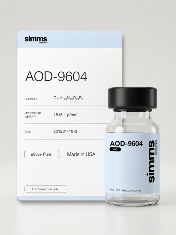 Simms Research AOD-9604 10mg research peptide vial with compound card