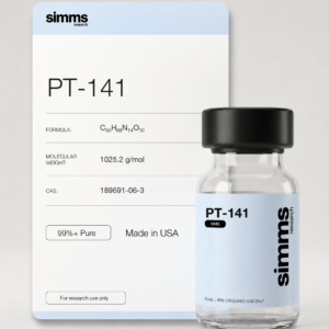 Simms Research PT-141 (bremelanotide) 10mg research peptide vial with compound card