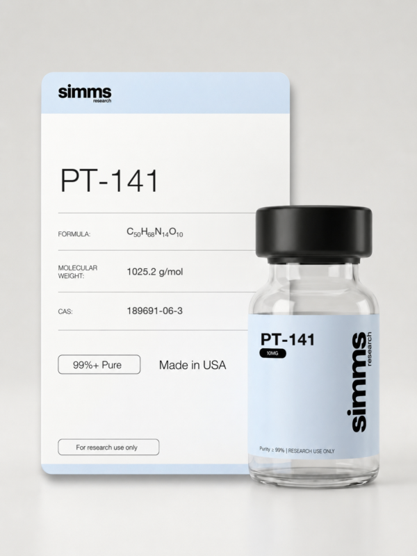 Simms Research PT-141 (bremelanotide) 10mg research peptide vial with compound card