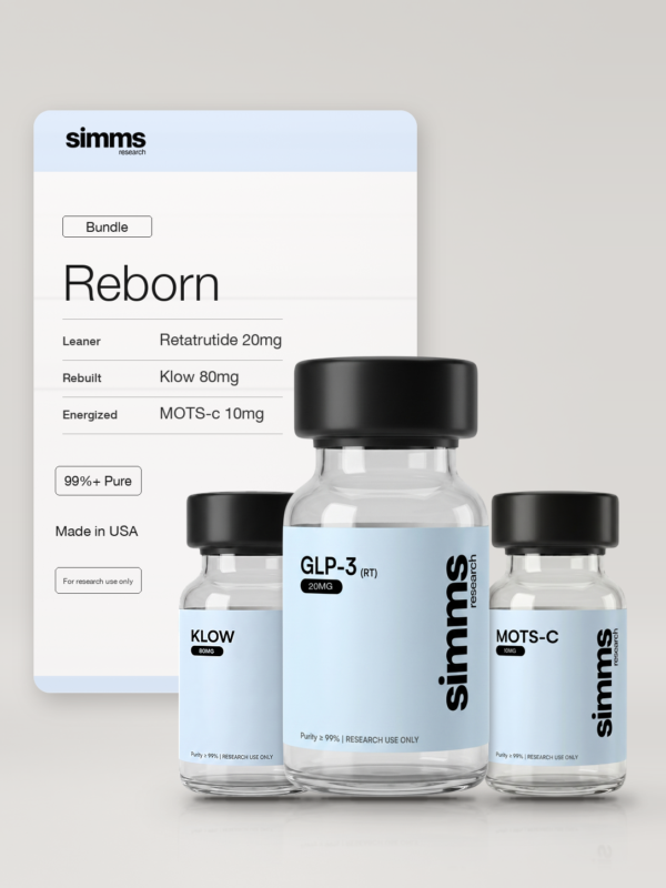 Simms Research Reborn Bundle: GLP-3 (RT) retatrutide 20mg, Klow 80mg and MOTS-c 10mg vials