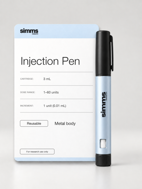 Simms Injection Pen, a reusable ice-blue peptide pen with a black cap, beside its card: 3 mL cartridge, 1–60 units, 1-unit steps