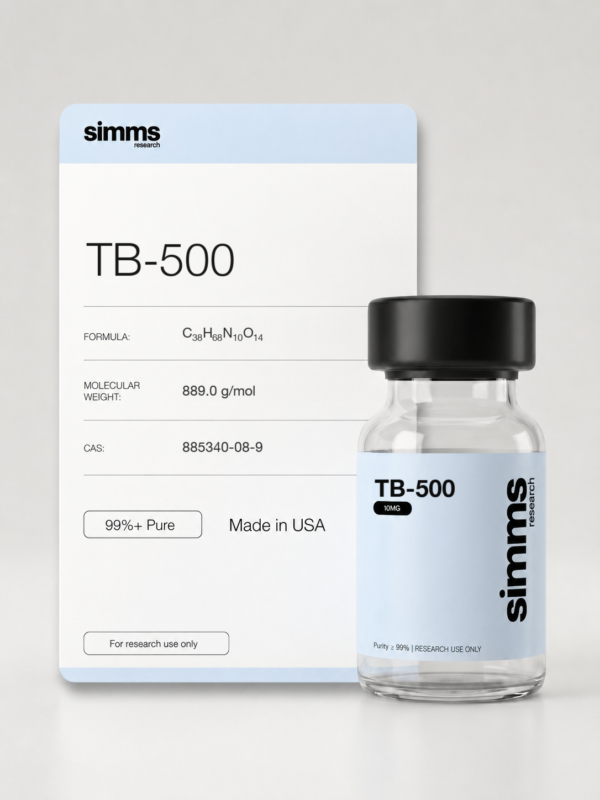 Simms Research TB-500 10mg research peptide vial with compound card