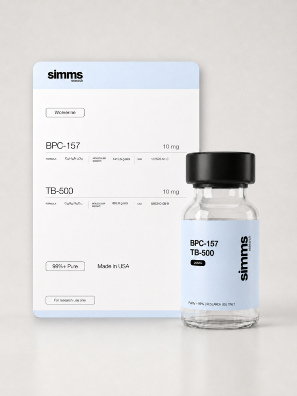 Simms Research Wolverine peptide (BPC-157 + TB-500) 20mg research blend vial with compound card