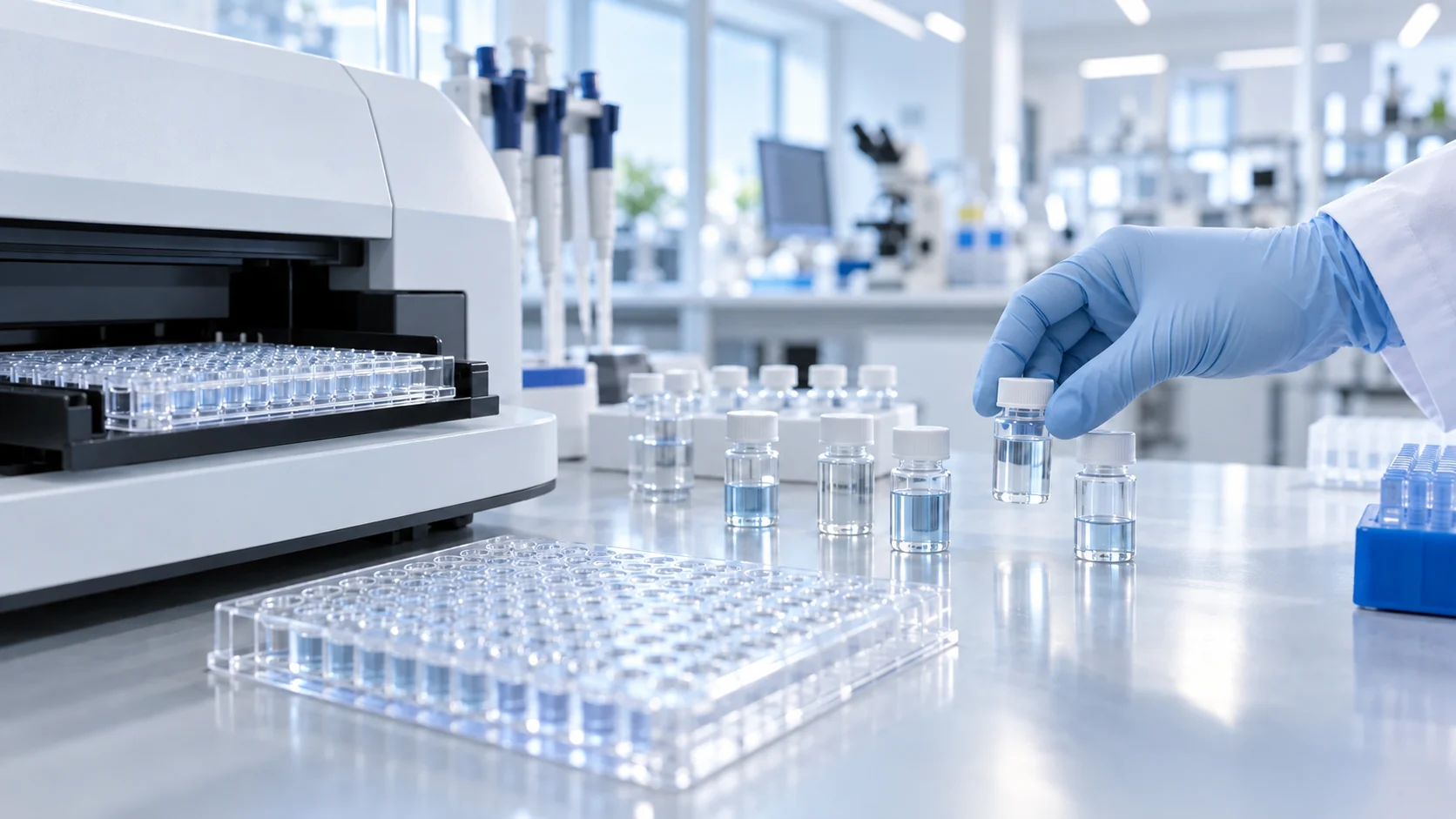 Plain research sample vials beside a microplate reader in a bright laboratory
