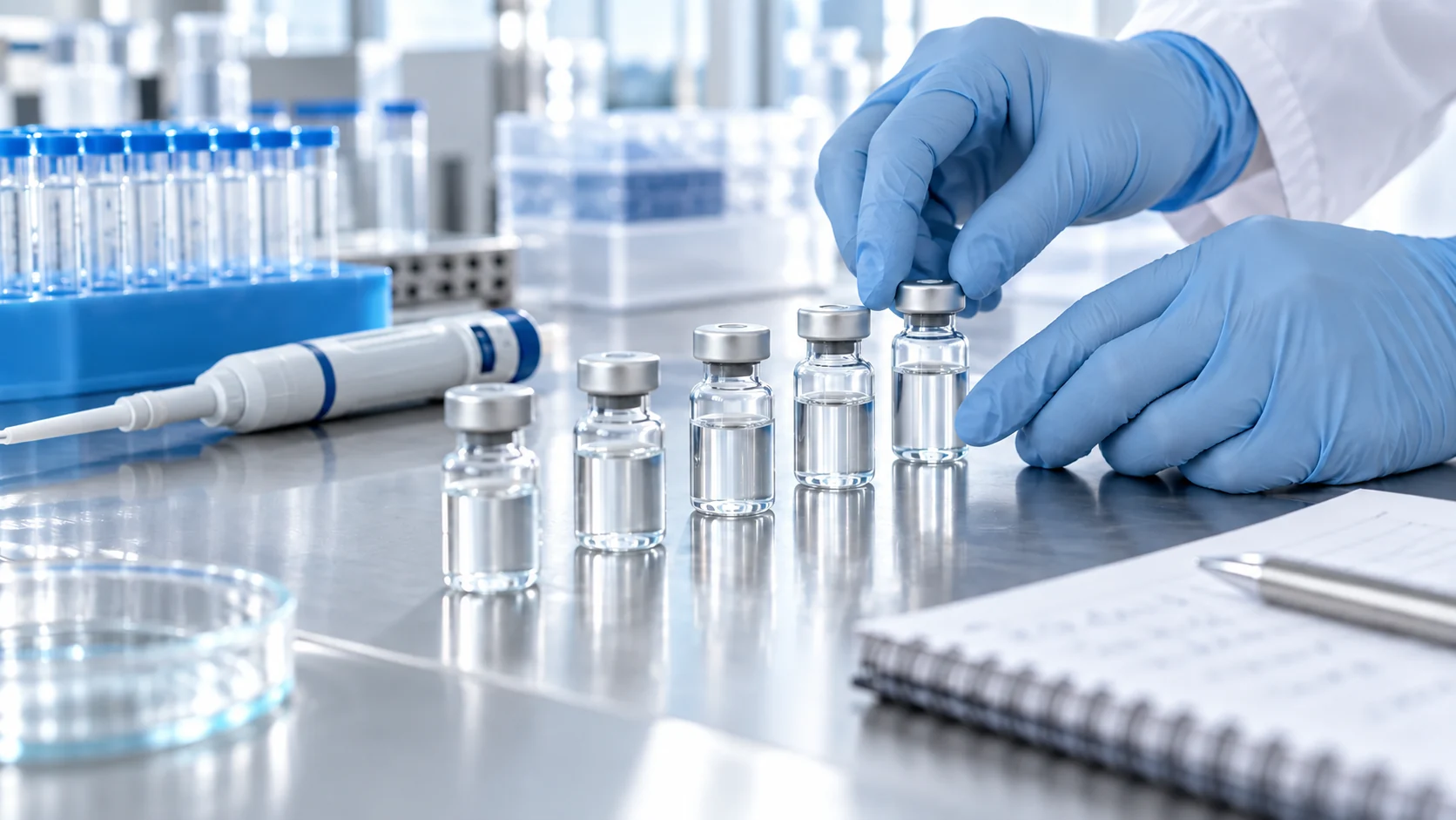 Five unlabeled research sample vials on a bright laboratory bench