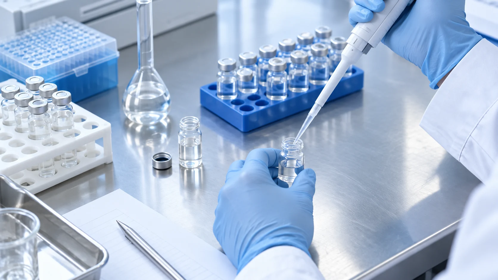 Gloved researcher using a pipette with plain sample vials in a bright laboratory