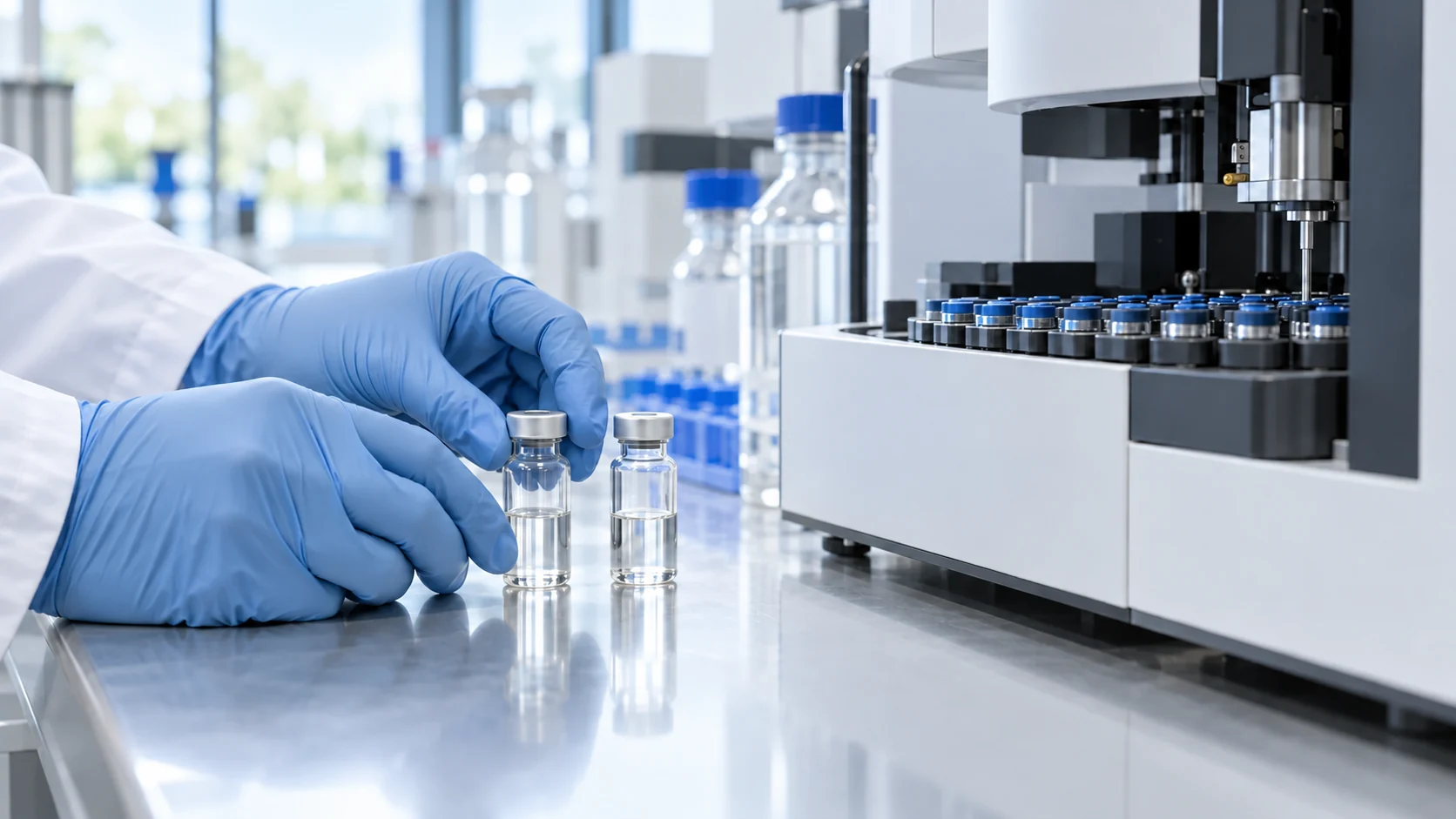 Two plain analytical sample vials beside laboratory testing equipment