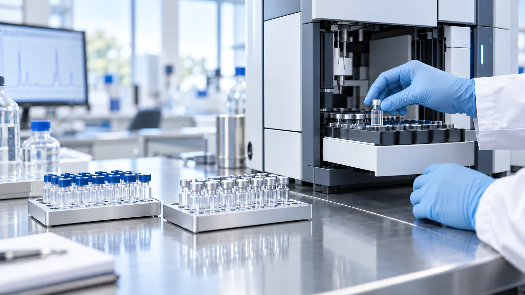 Unlabeled research sample vials beside analytical equipment in a bright laboratory