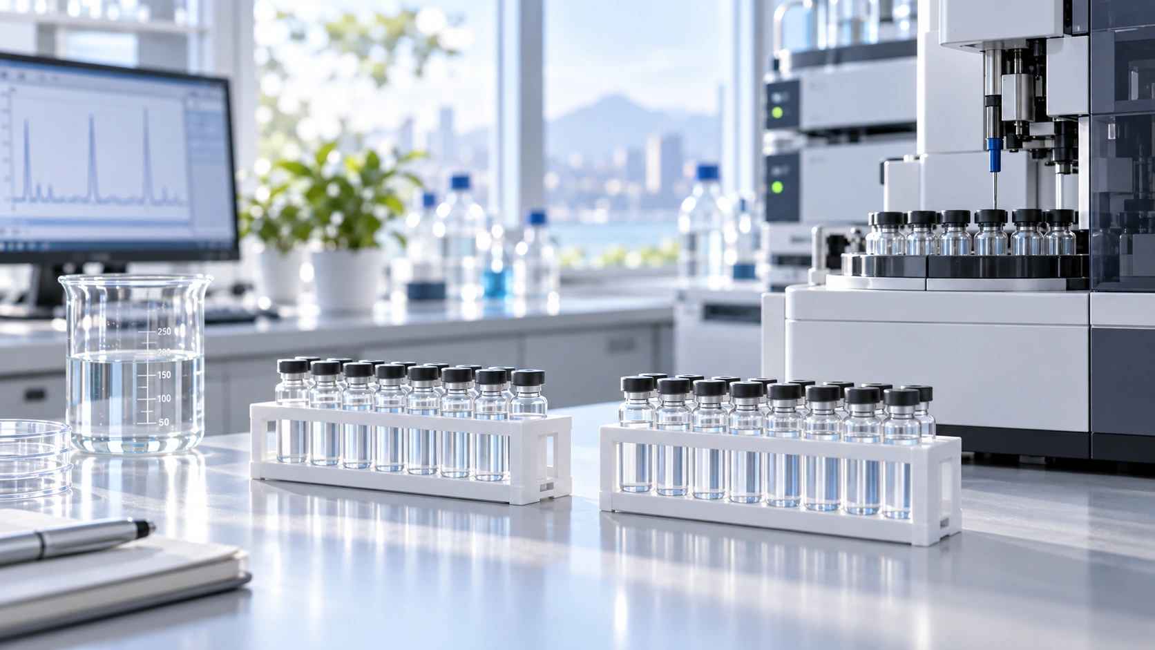 Two racks of unlabeled analytical sample vials beside laboratory equipment