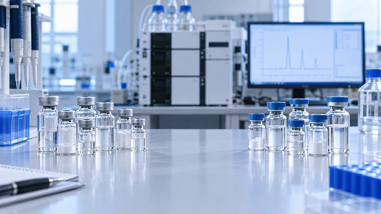 Two groups of anonymous research vials in an analytical laboratory
