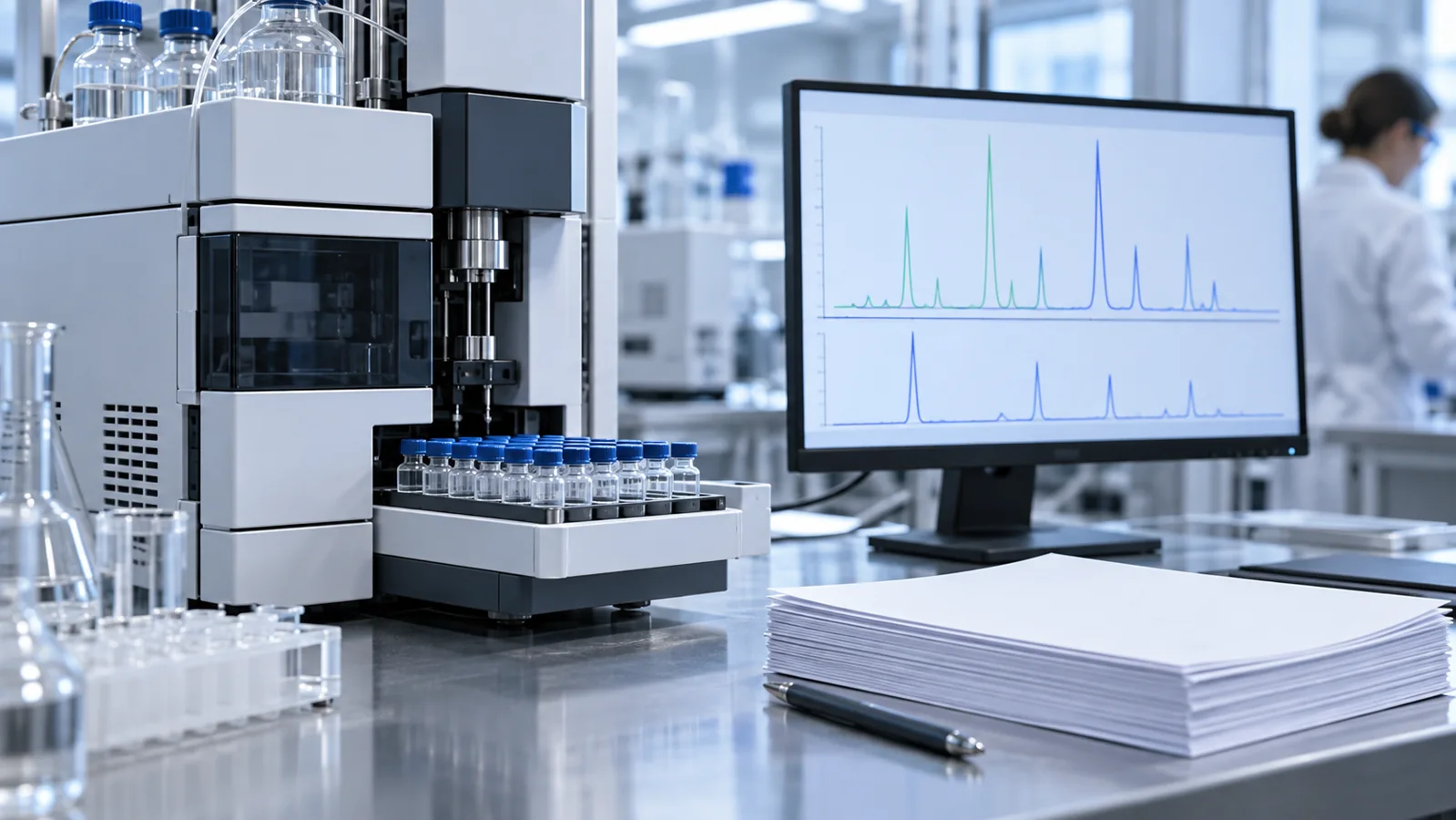 Chromatography equipment and research sample vials beside laboratory records