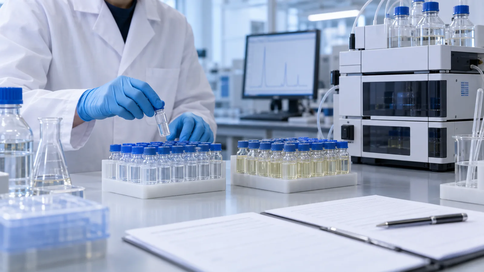 Researcher comparing anonymous sample batches on a laboratory bench