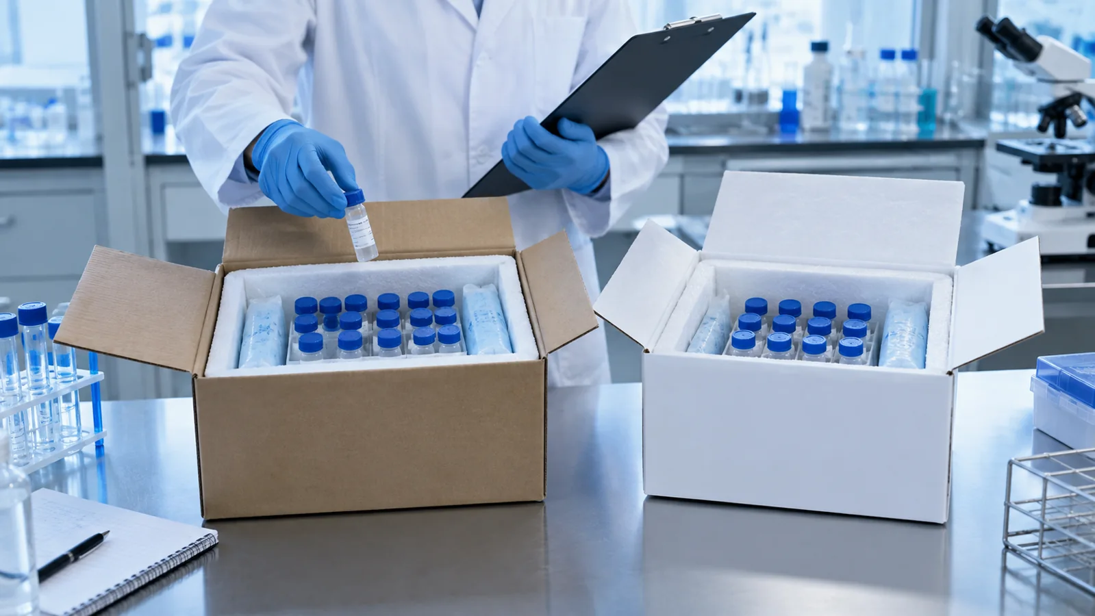 Two insulated parcels of research sample vials on a laboratory bench