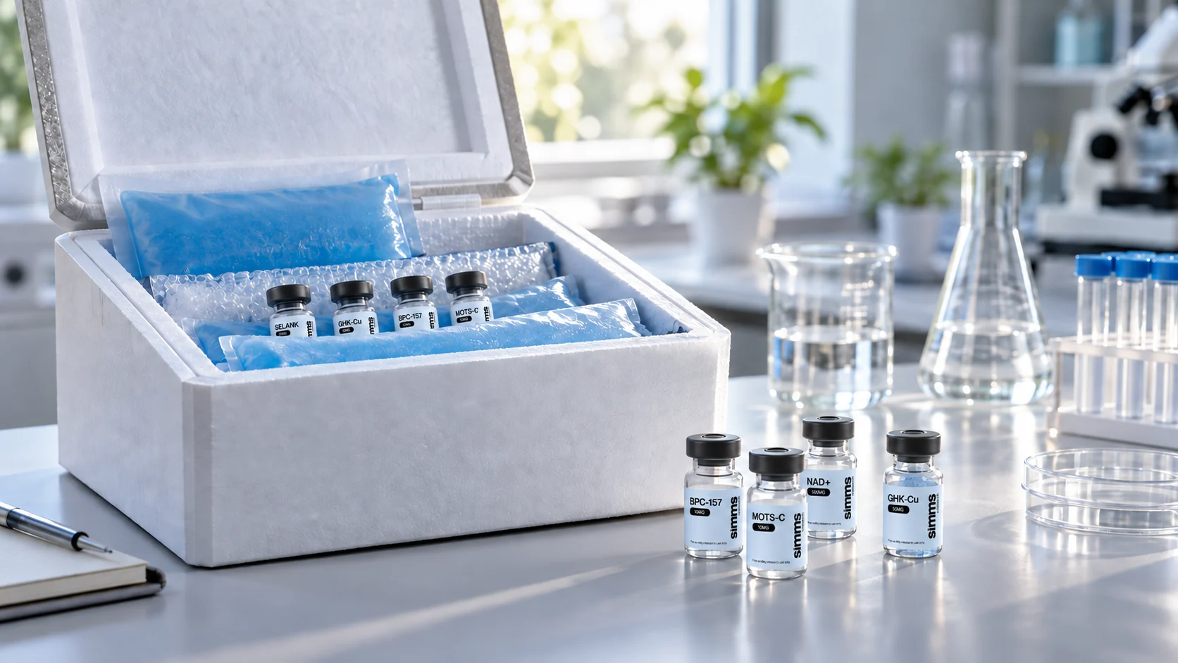 Simms Research vials labeled BPC-157, MOTS-C, NAD+, Selank and GHK-Cu beside an insulated shipping cooler