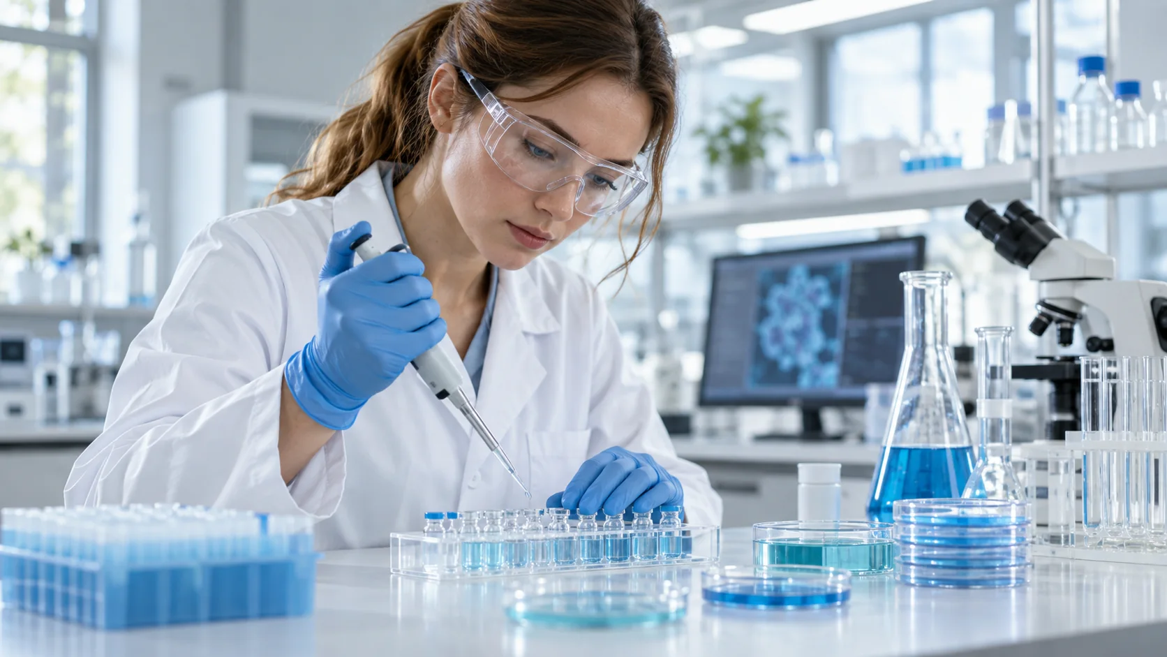 Researcher using a pipette at a laboratory bench