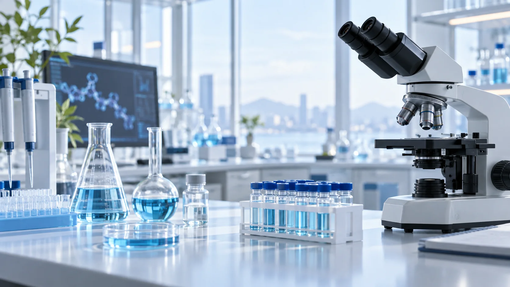 Microscope, research vials and glassware on a laboratory bench