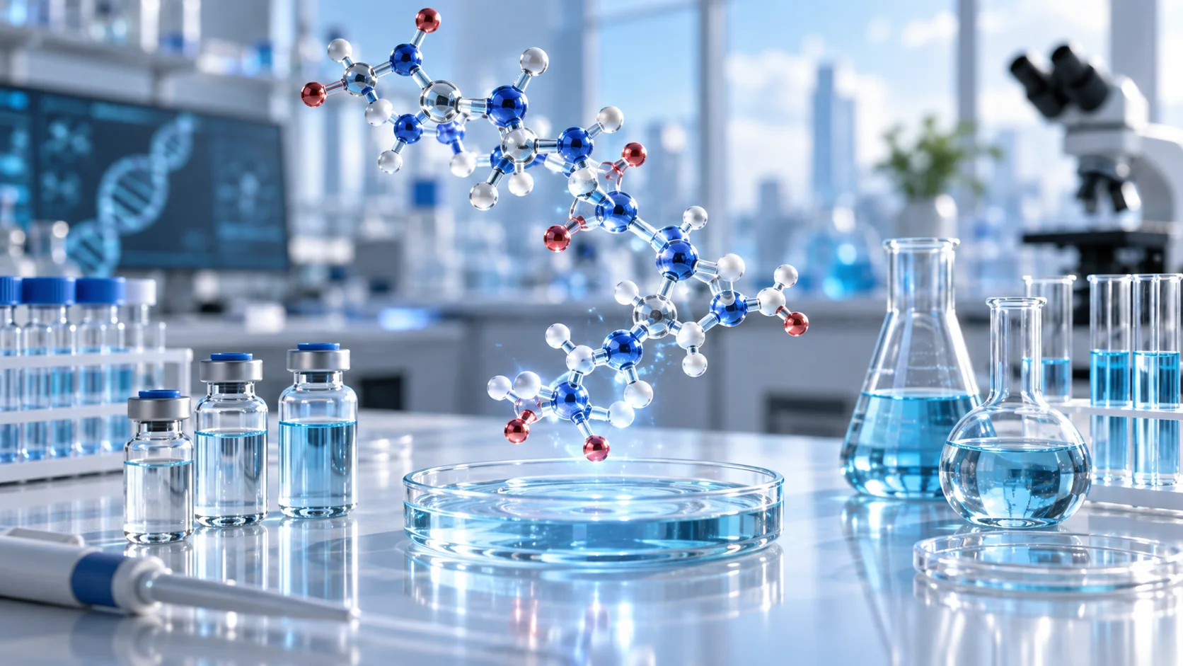 Conceptual molecular model above a laboratory bench
