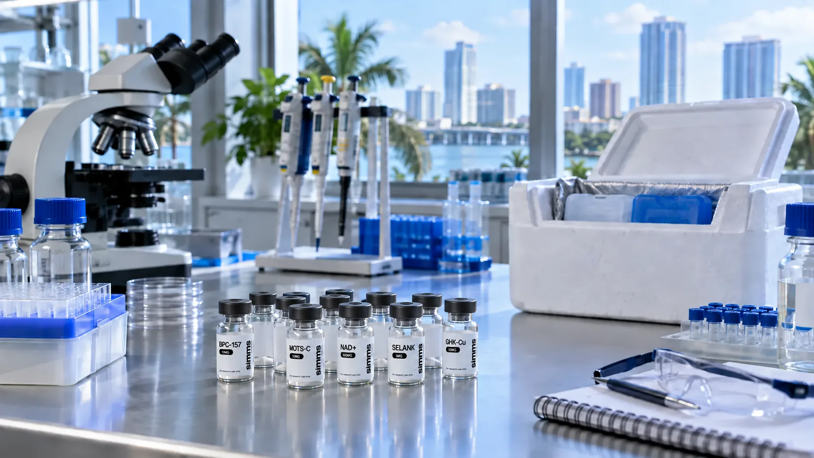 Simms Research black cap vials labeled BPC-157, MOTS-C, NAD+, Selank and GHK-Cu on a Tampa laboratory bench