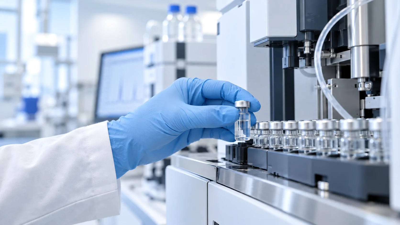Gloved researcher placing an unlabeled sample vial into analytical equipment