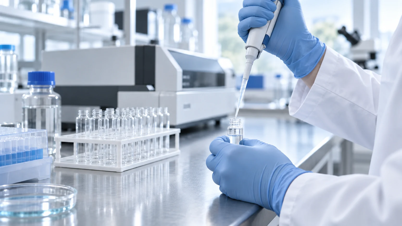 Gloved hands pipetting into an unlabeled analytical sample vial in a bright laboratory