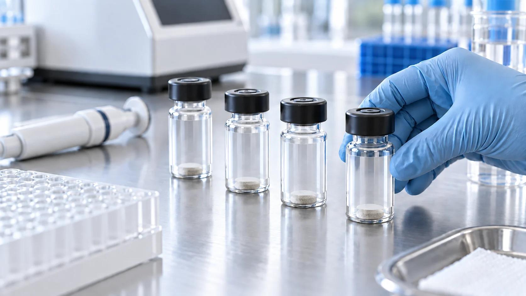 Four unlabeled clear analytical sample vials and a gloved hand on a laboratory bench