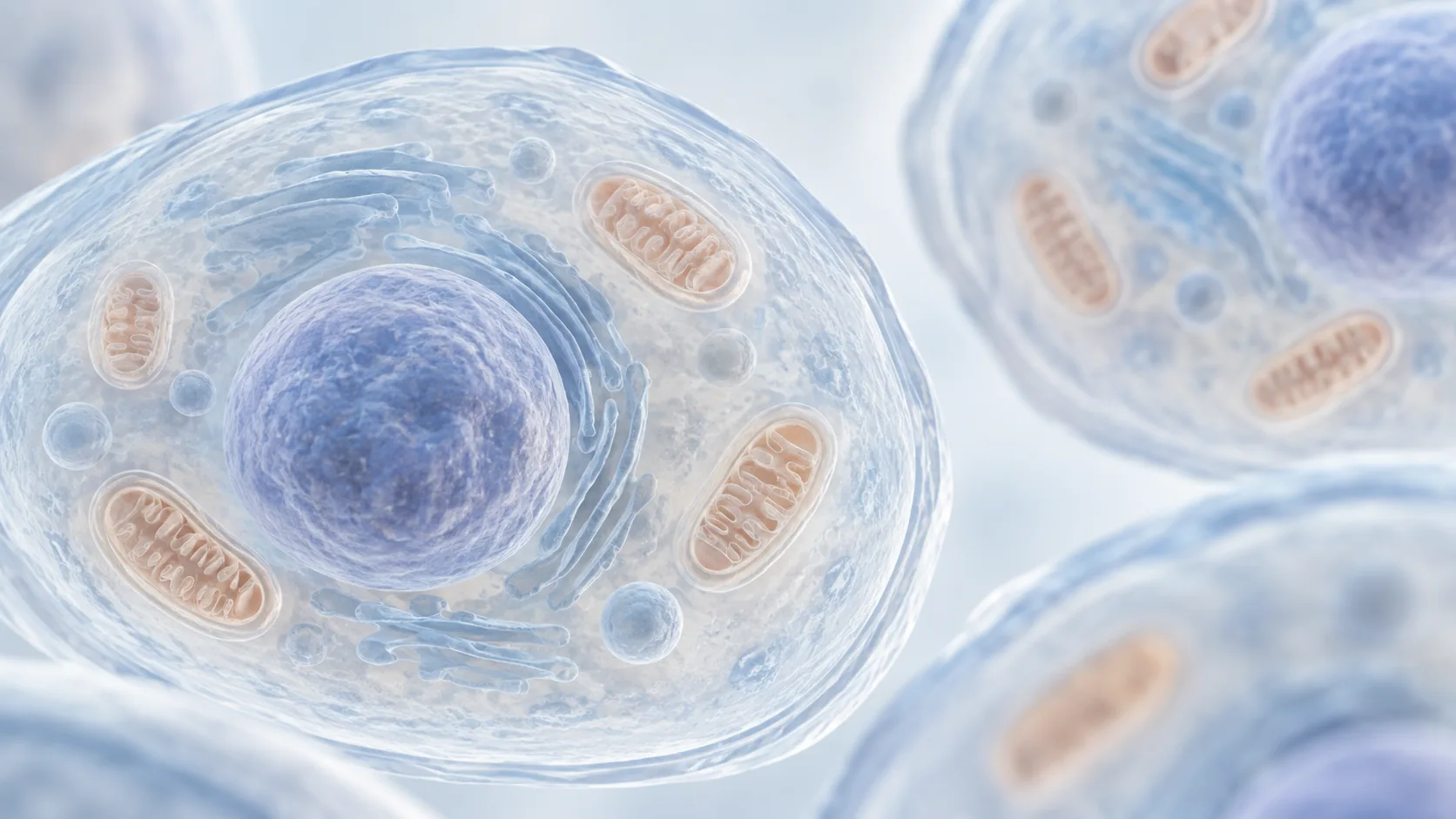 Subtle blue illustration of a human cell and mitochondria