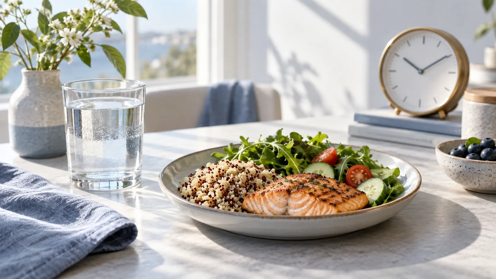 Water and a balanced meal illustrating hydration and nutrition during weight-loss treatment