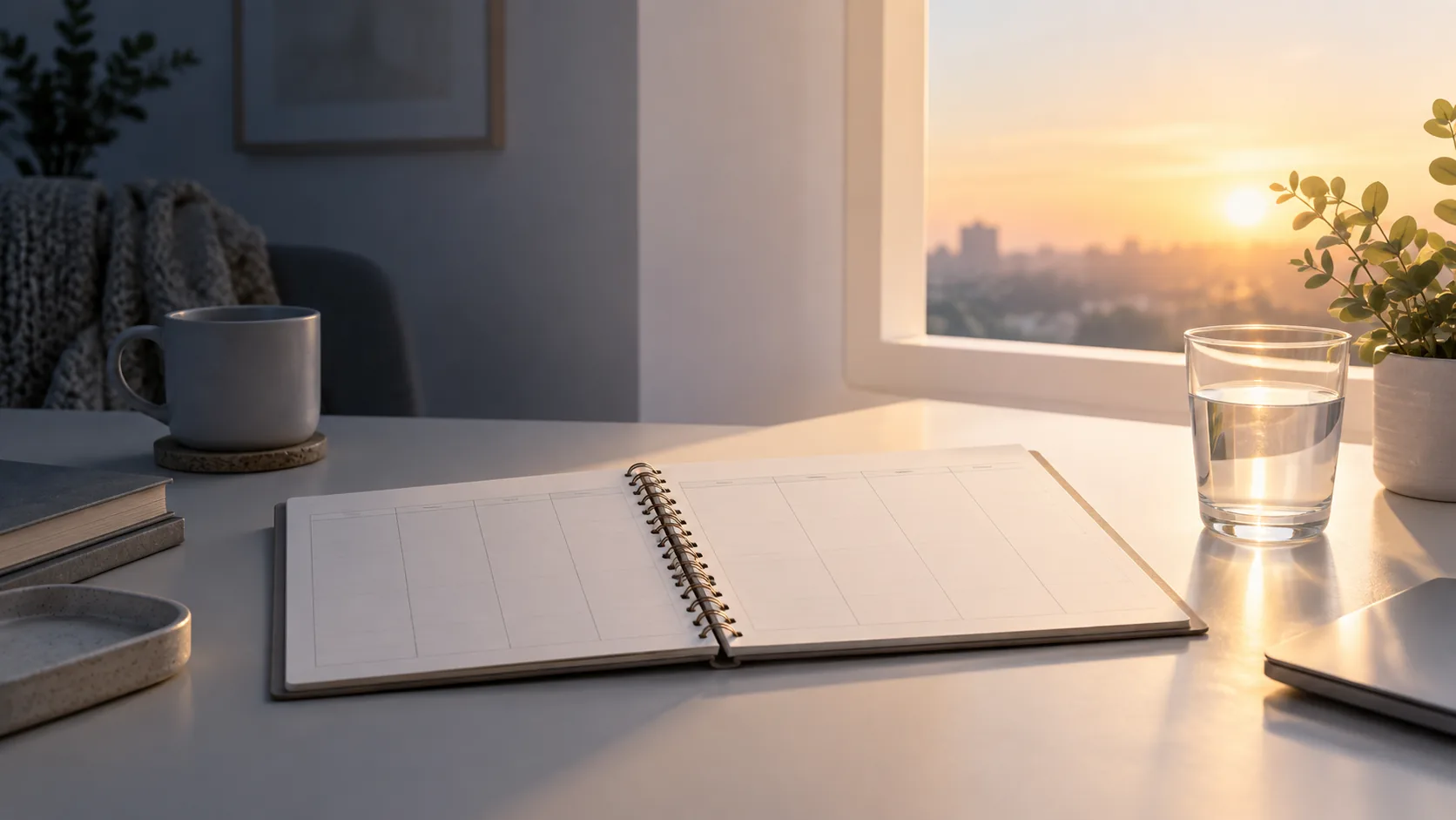 Unmarked weekly planner and water glass illustrating the timing of fatigue