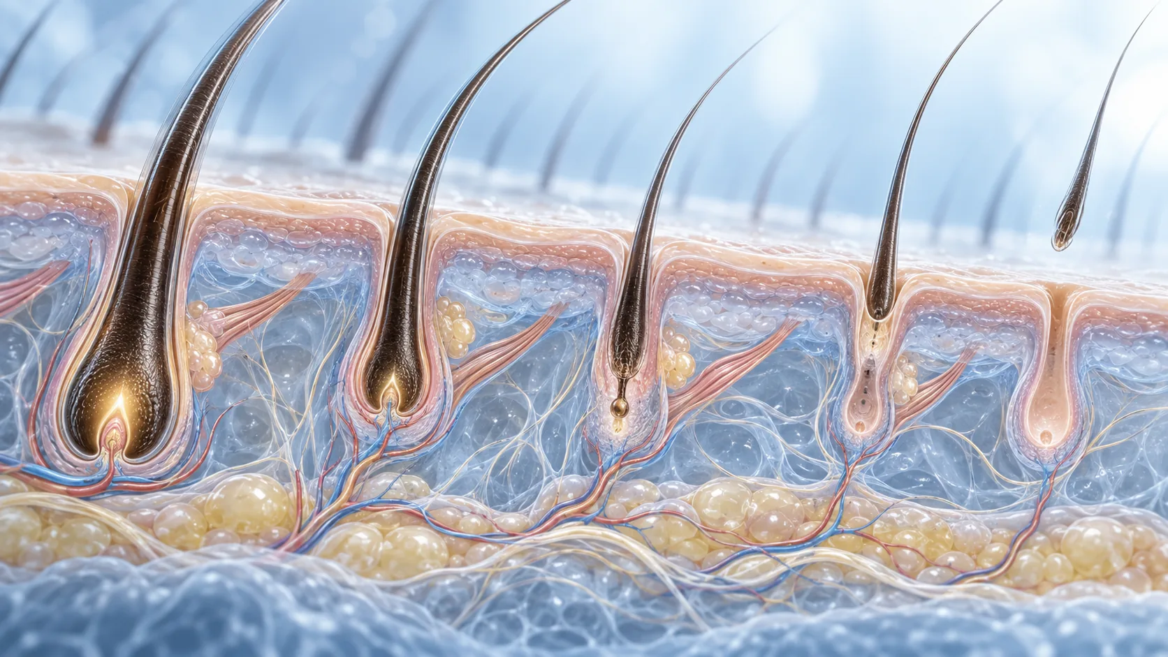 Conceptual cross-section of scalp and hair follicles in different growth phases